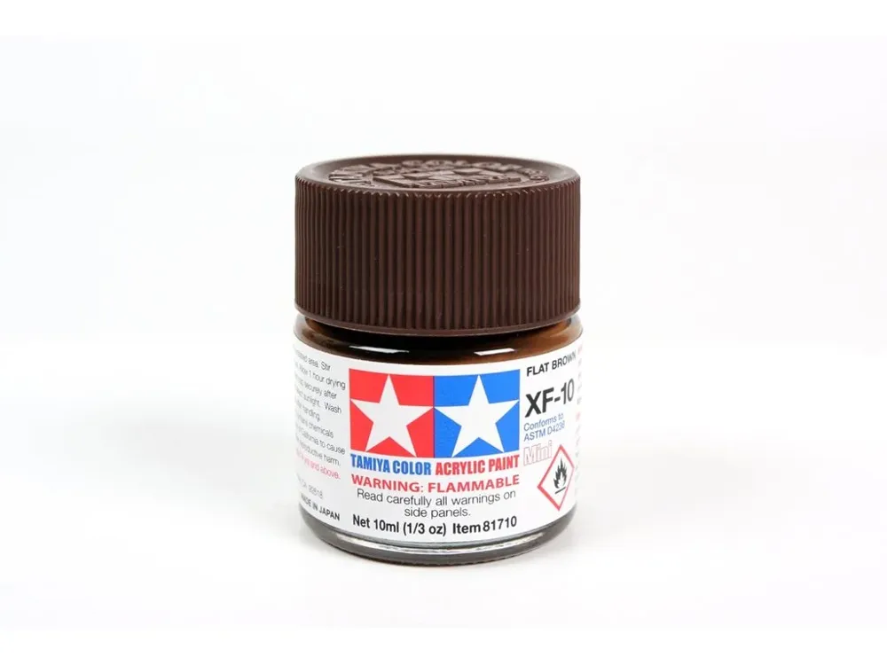 Skleněná lahvička akrylové barvy Tamiya Acrylic Mini XF-10 hnědá matná, 10 ml