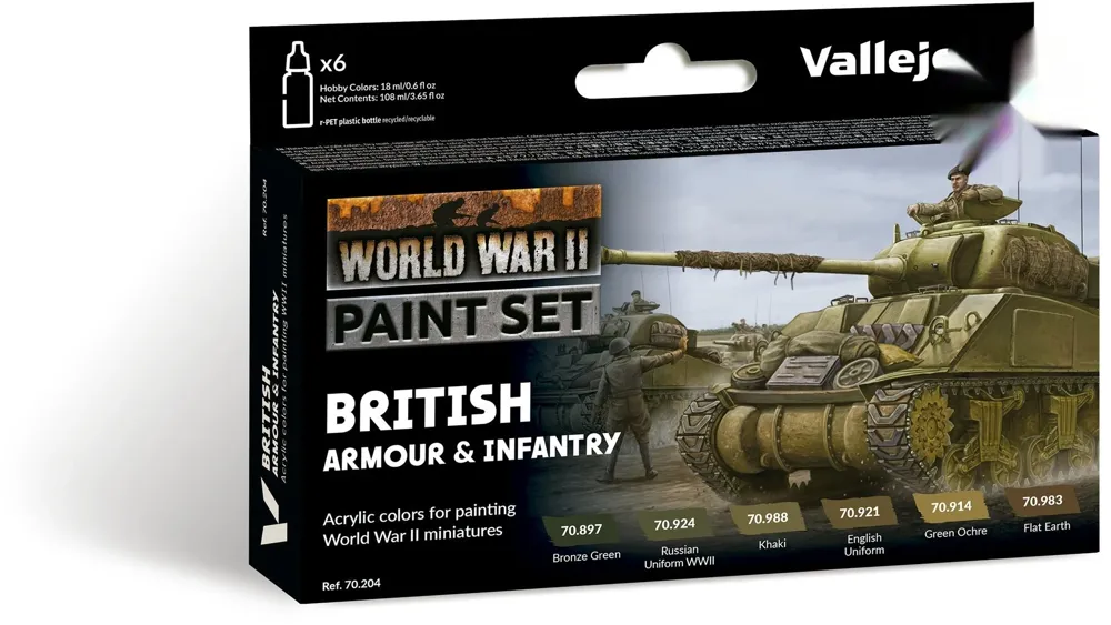 Sada akrylových barev Vallejo Model Color 70204 British Armour & Infantry WWII, 6 lahviček po 18 ml