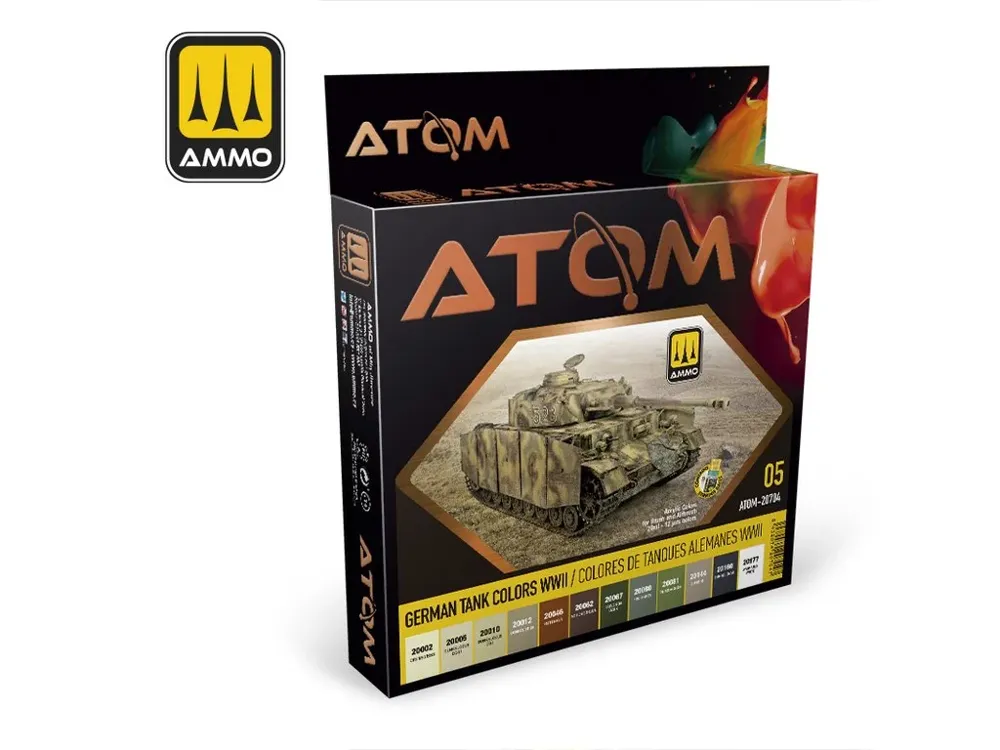 Sada akrylových barev AMMO Mig ATOM 20704 German Tank Colors WWII v kartonovém balení
