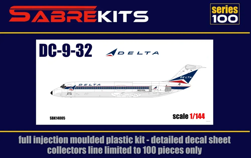 Krabice plastikové stavebnice Sabre Kits Douglas DC-9-30 Delta v měřítku 1/144