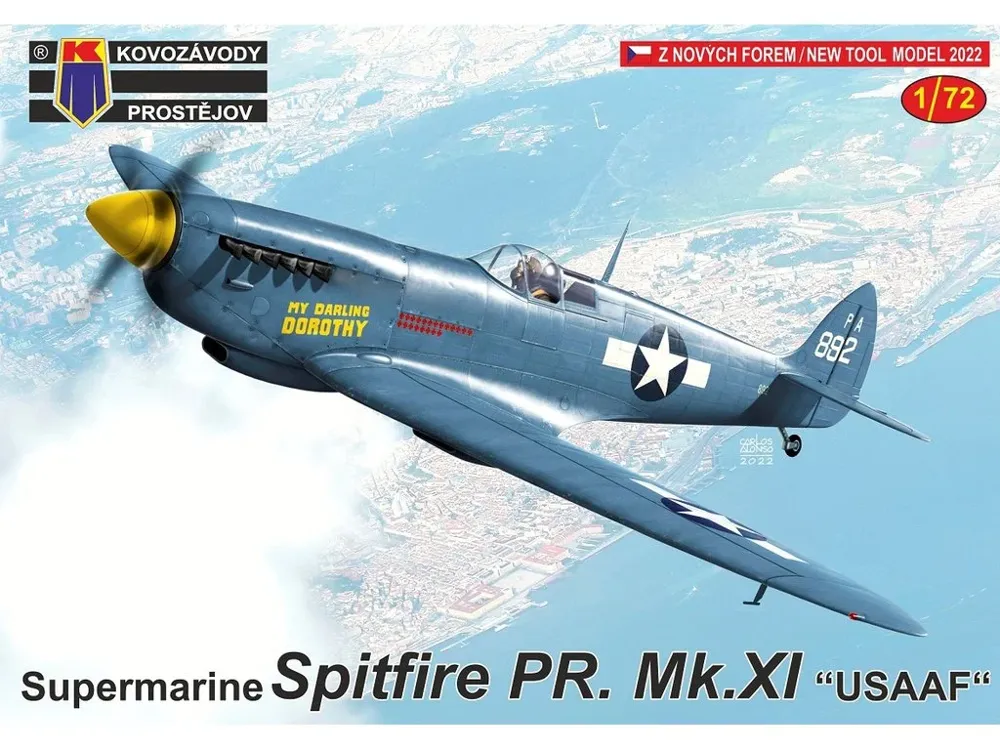 Krabice plastikové stavebnice Kovozávody Prostějov 1/72 Spitfire PR. Mk.XI USAAF, kód KPM0291