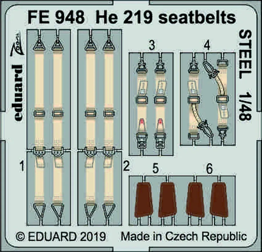 Barevný ocelový fotolept Eduard FE948 He 219 upínací pásy STEEL 1/48 pro stavebnici Tamiya