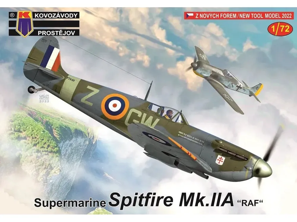 Krabice plastikové stavebnice Kovozávody Prostějov KPM0302 Spitfire Mk.IIa RAF v měřítku 1/72