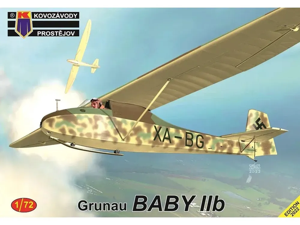 Krabice plastikové stavebnice Kovozávody Prostějov KPM0357 Grunau Baby IIb v měřítku 1/72