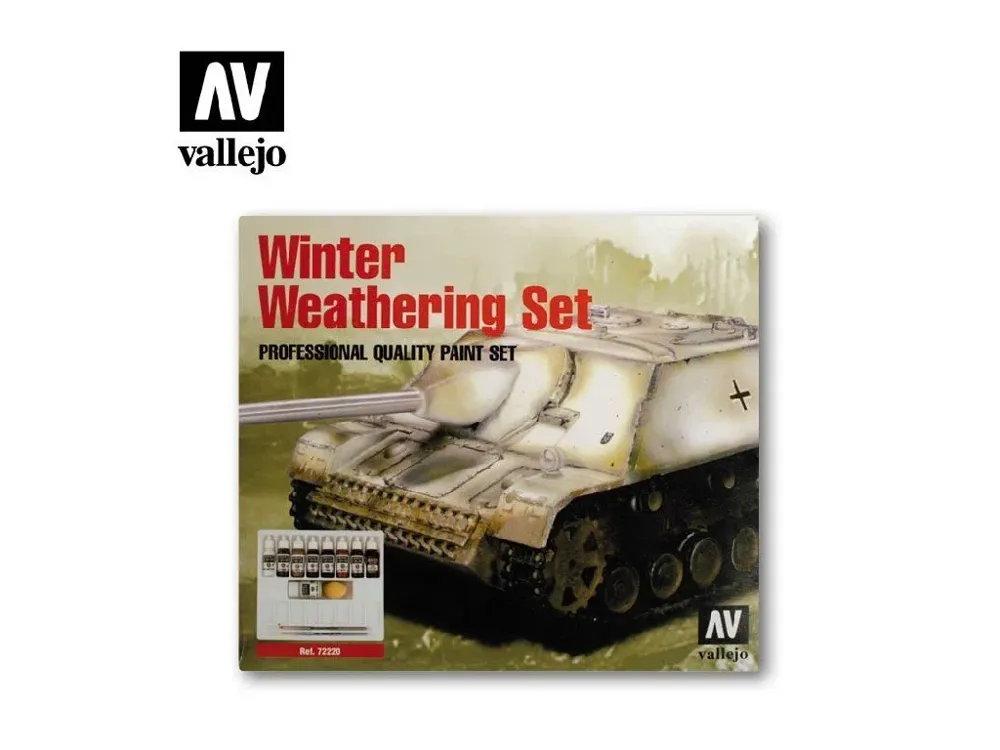 Sada Vallejo Model Color 72220 Winter Weathering – devět lahviček akrylových barev a dva štětce
