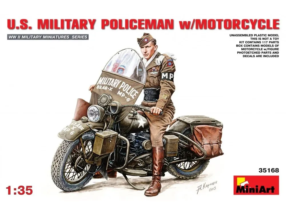 Krabice plastikové stavebnice MiniArt 35168 americký vojenský policista s motocyklem 1/35