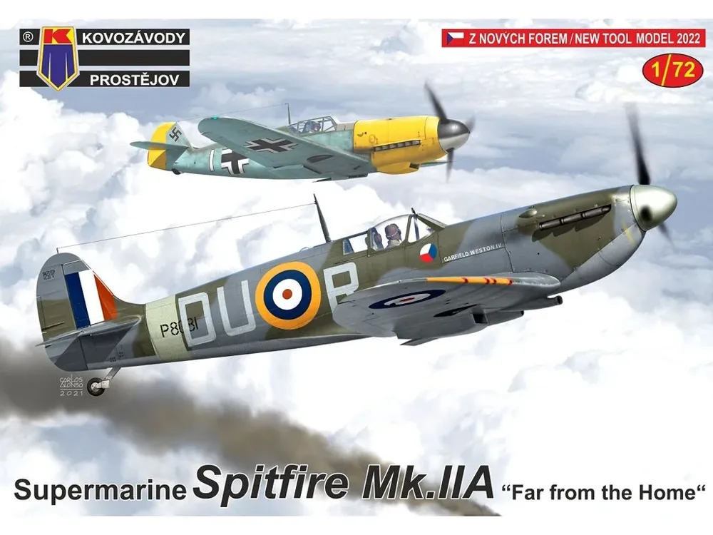 Krabice plastikové stavebnice Kovozávody Prostějov KPM0304 Spitfire Mk.IIa v měřítku 1/72