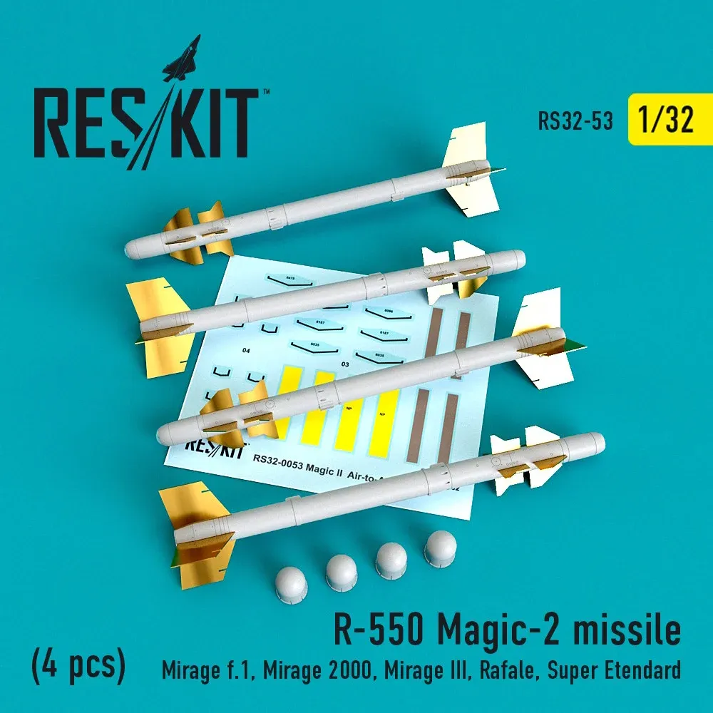 Sada raket R-550 Magic-2 Reskit RS32-0053 v měřítku 1/32, čtyři díly letecké výzbroje