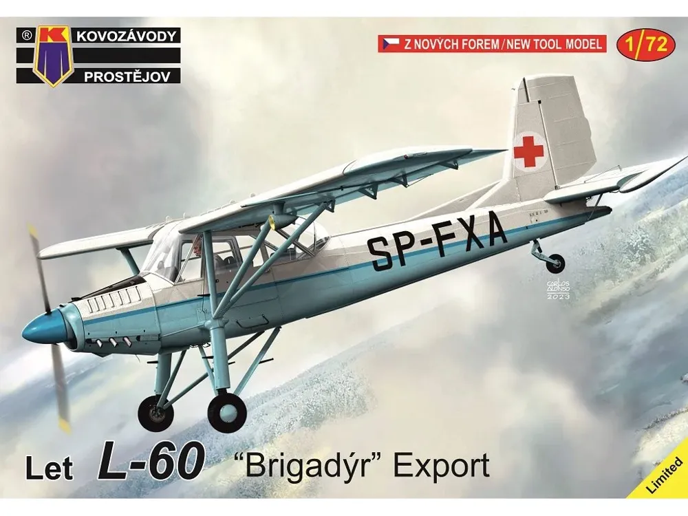 Krabice plastikové stavebnice Kovozávody Prostějov KPM0383 Let L-60 Brigadýr Export v měřítku 1/72