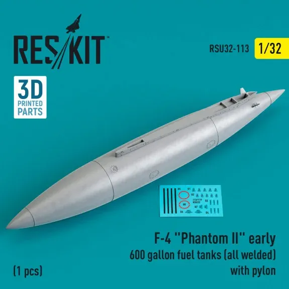 3D tištěná nádrž 600 galonů s pylonem Reskit RSU32-0113 pro F-4 Phantom II v měřítku 1/32
