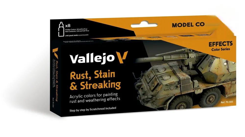 Sada akrylových barev Vallejo Model Color 70183 Rust, Stain & Streaking – 8 lahviček po 18 ml