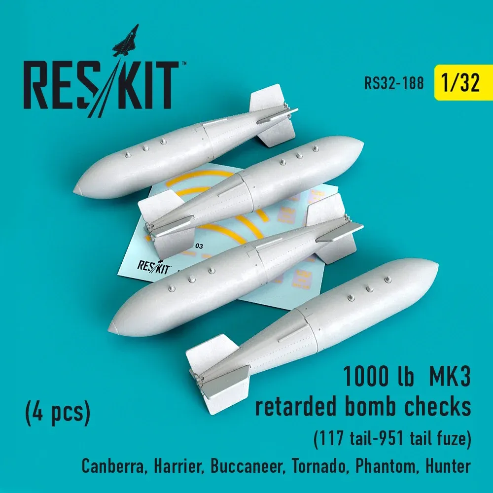 Sada Reskit RS32-0188 — čtyři brzděné pumy 1000 lb MK3 v měřítku 1/32