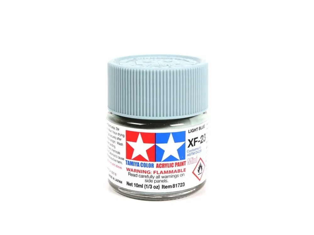 Skleněná lahvička akrylové barvy Tamiya Acrylic Mini 81723 XF-23 světle modrá matná, 10 ml