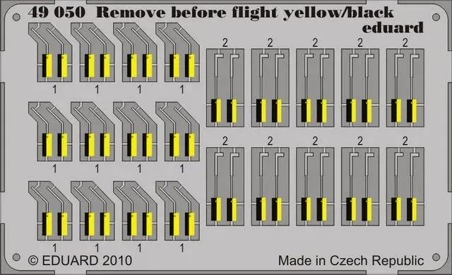 Barevný fotolept Eduard 49050 Remove Before Flight se žluto-černými štítky v měřítku 1/48
