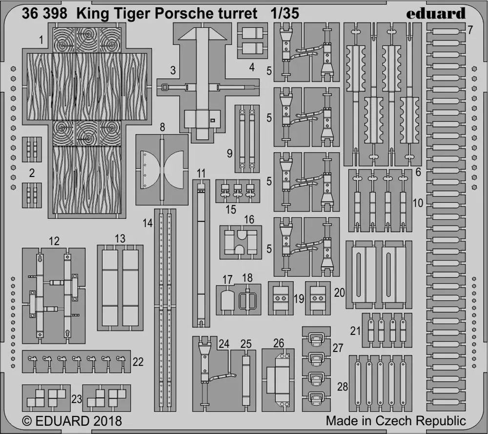 Fotoleptaná sada Eduard 36398 pro King Tiger s věží Porsche v měřítku 1/35