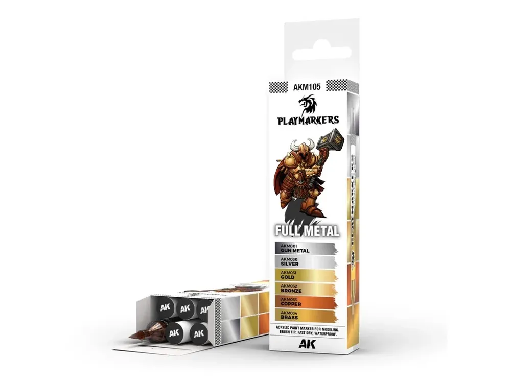 Sada šesti akrylových fixů AK Interactive Playmarkers AKM105 Full Metal v kovových odstínech