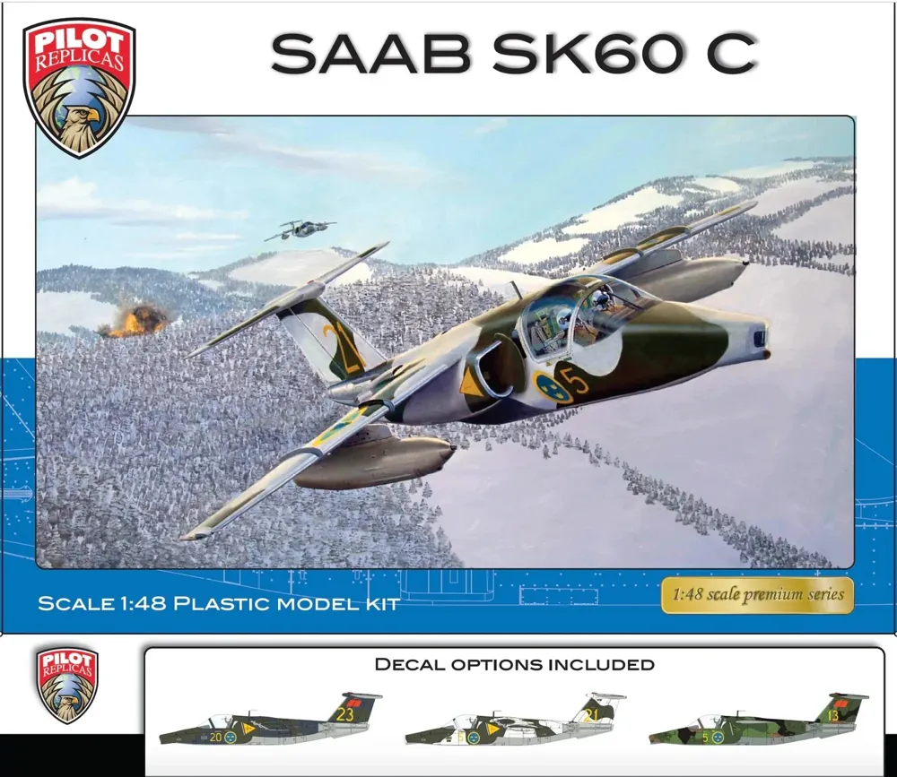 Krabice stavebnice Pilot Replicas 1/48 Saab SK60 C, švédský cvičný a lehký bojový letoun