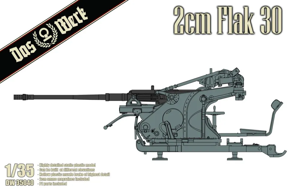Krabice plastikové stavebnice Das Werk DW35040 německý kanón 2 cm Flak 30 v měřítku 1/35
