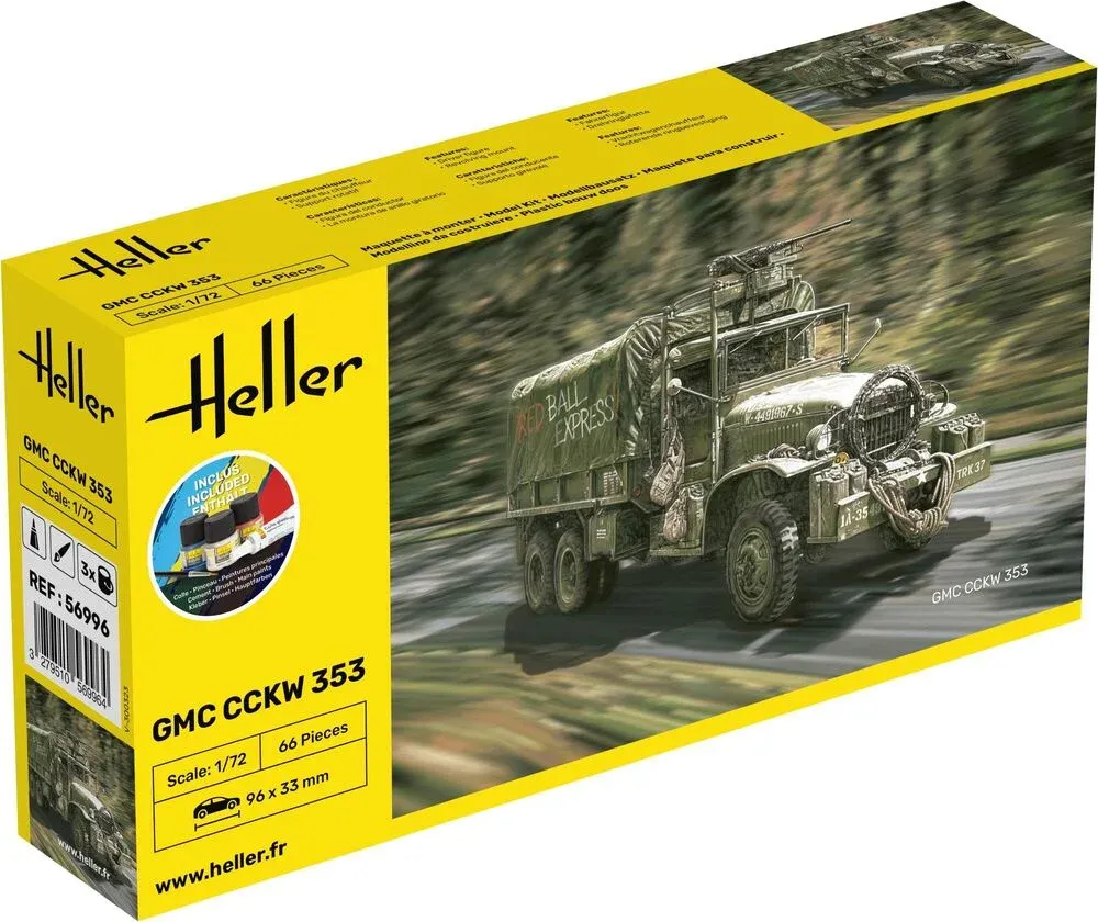Krabice stavebnice Heller Starter Kit GMC CCKW 353 v měřítku 1/72 s barvami, lepidlem a štětcem