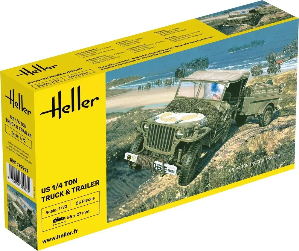 Krabice plastikové stavebnice Heller 79997 US 1/4 Ton Truck & Trailer v měřítku 1/72