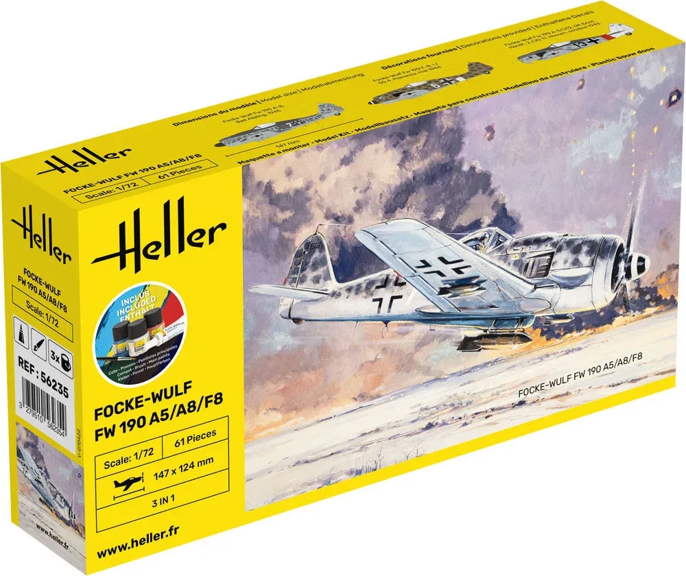 Krabice stavebnice Heller 56235 Starter Kit Fw 190 A5/A8/F8 v měřítku 1/72 s barvami a lepidlem