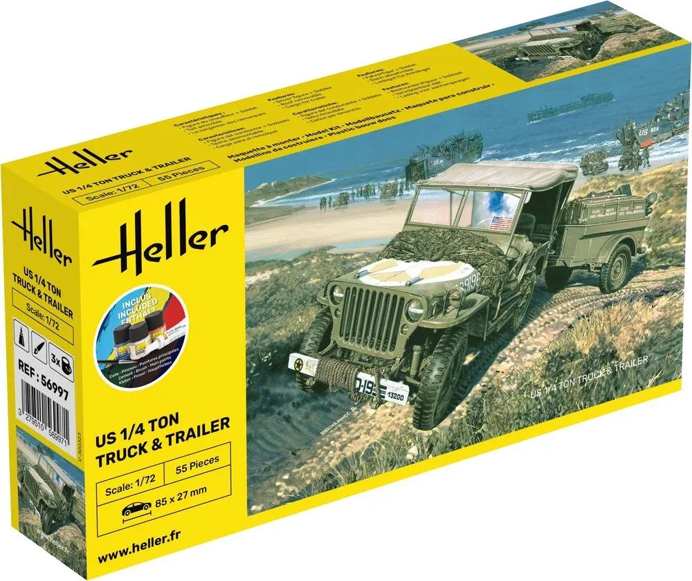 Krabice stavebnice Heller 56997 Starter Kit 1/72 americký čtvrttunový vůz s přívěsem