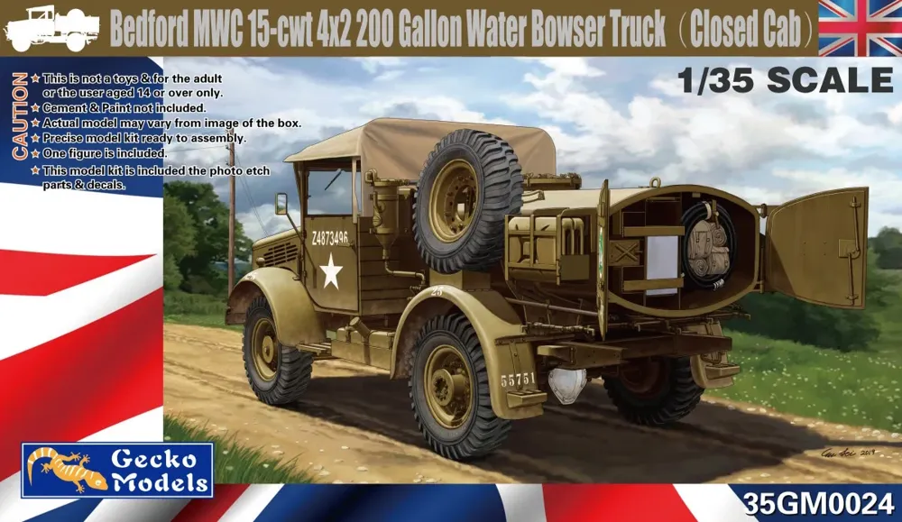 Krabice stavebnice Gecko Models 35GM0024 Bedford MWC cisternový vůz na vodu v měřítku 1/35