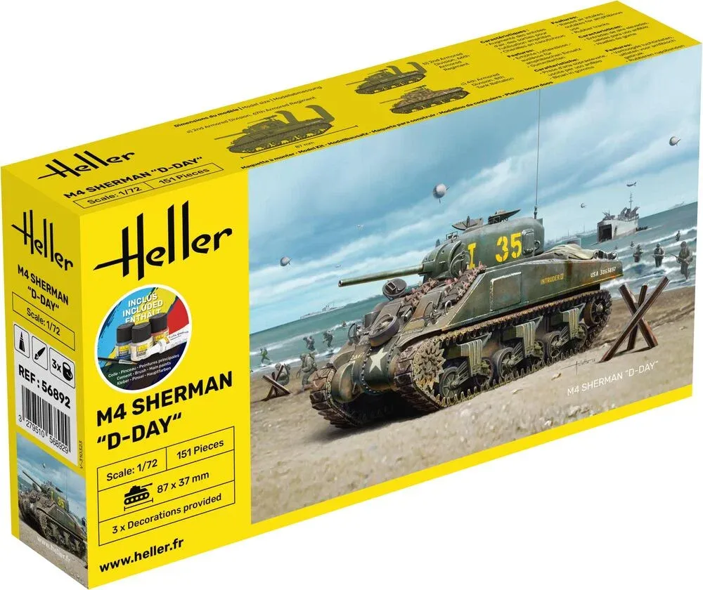 Krabice stavebnice Heller Starter Kit 56892 M4 Sherman D-Day v měřítku 1/72 s barvami a štětcem