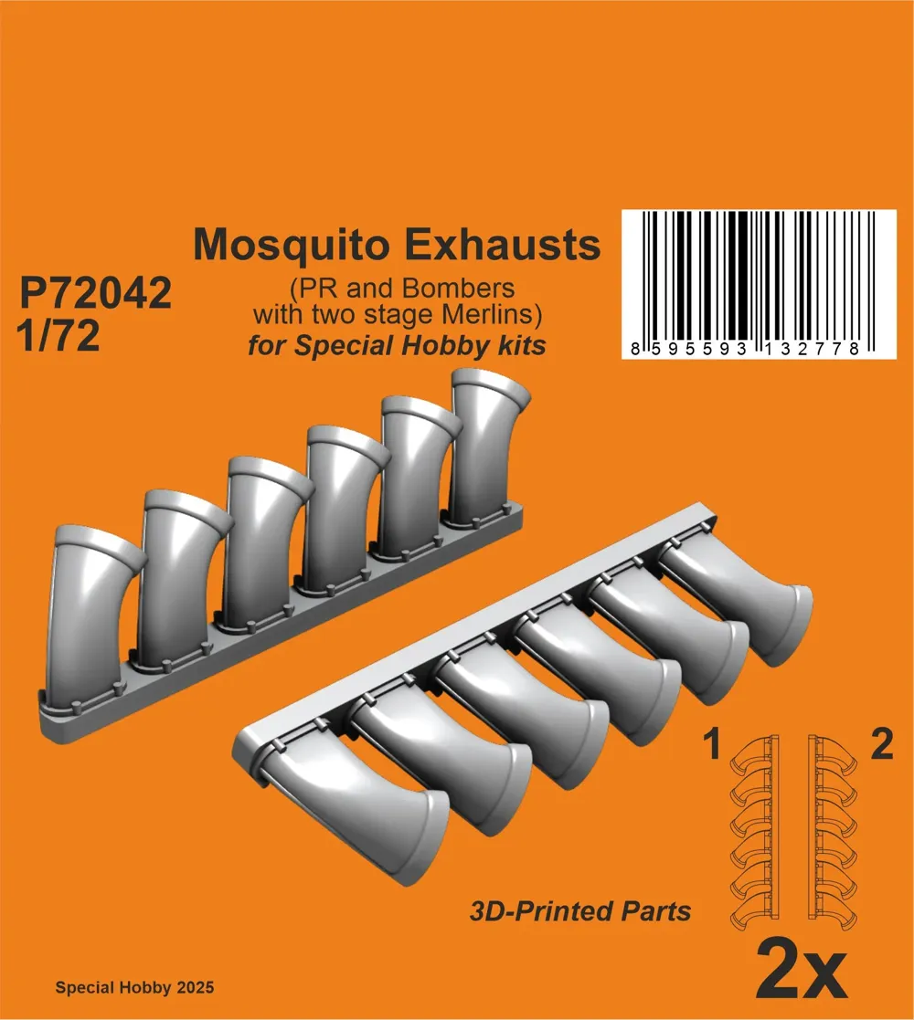 Resinové 3D tištěné výfuky CMK P72042 pro Mosquito v měřítku 1/72