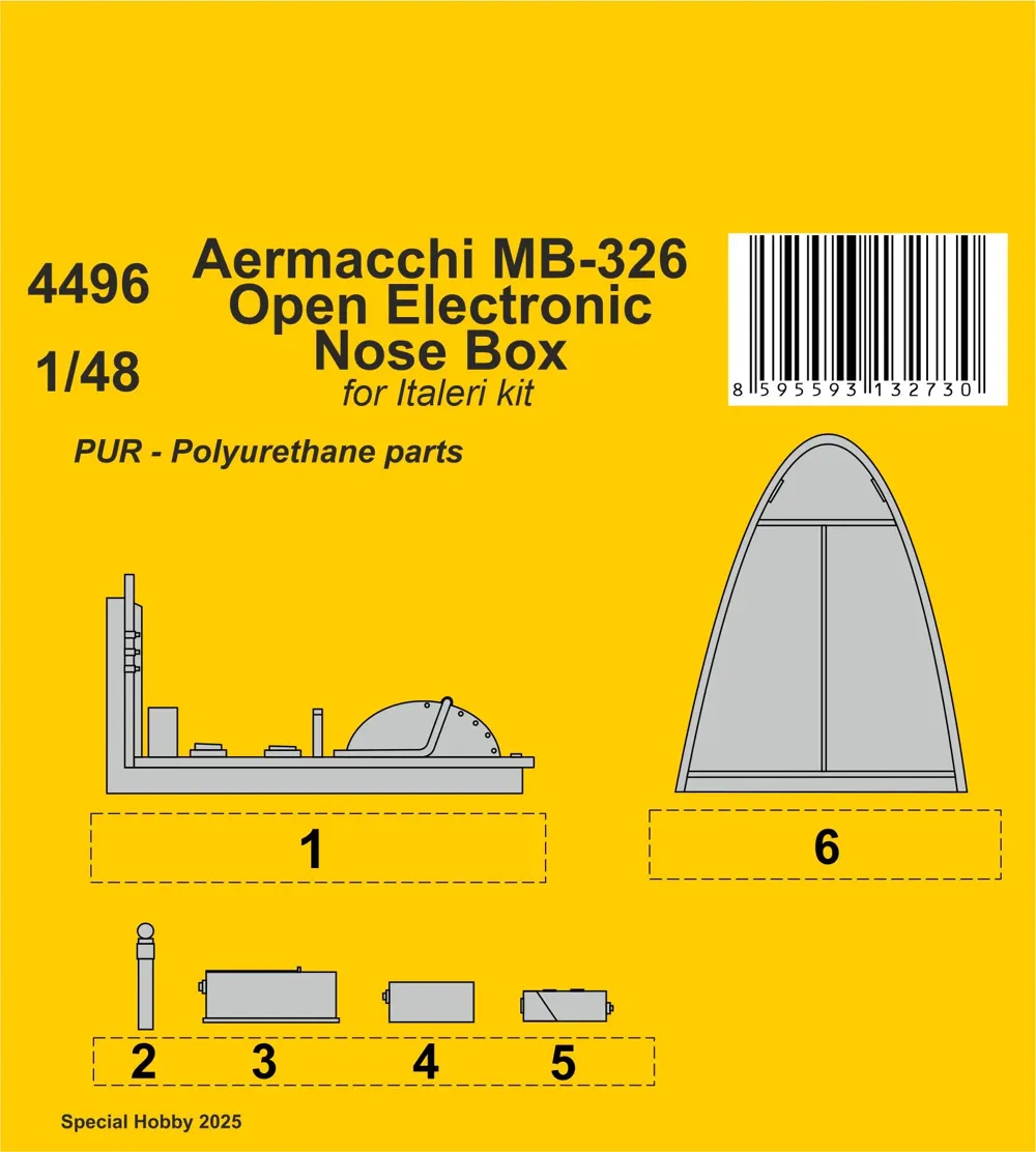Resinová sada CMK 4496 – otevřená schránka elektroniky v přídi Aermacchi MB-326 v měřítku 1/48