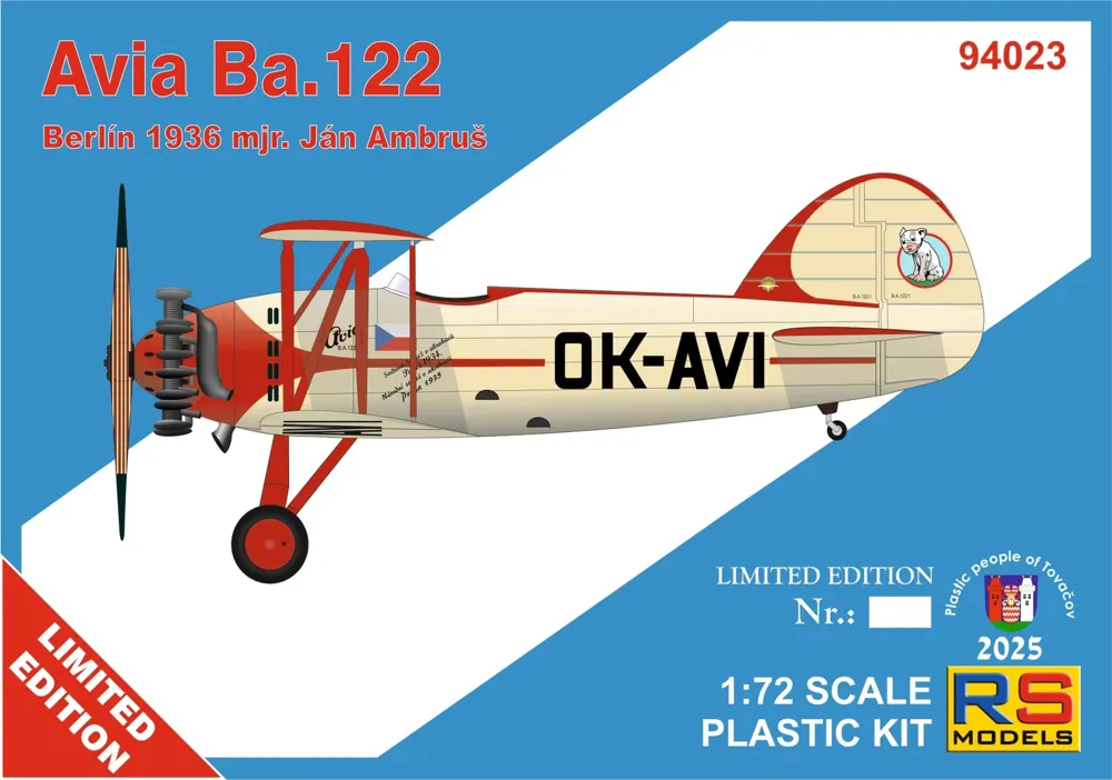 Krabice stavebnice RS Models 94023 Avia Ba.122 OK-AVI Berlin 36 v měřítku 1/72
