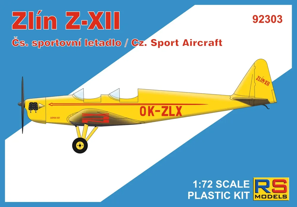 Krabice stavebnice RS Models 92303 Zlín XII v měřítku 1/72, plastikový model letounu