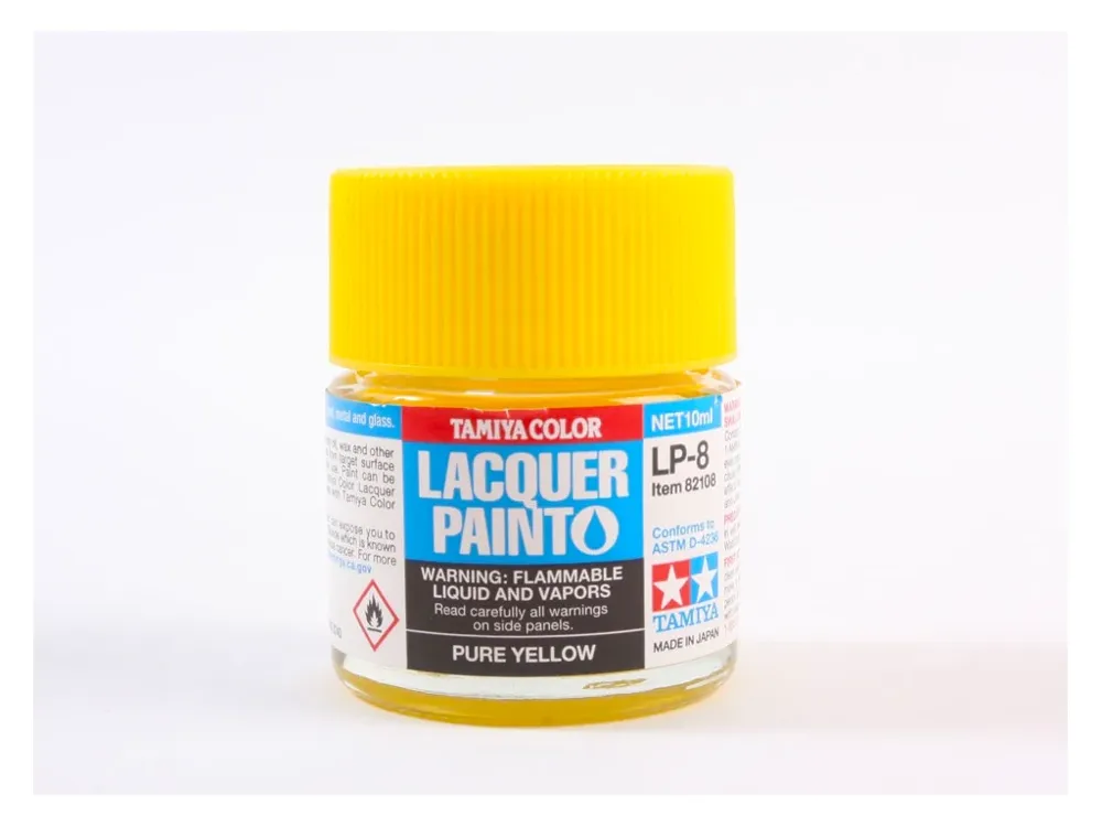 Skleněná lahvička lakové barvy Tamiya LP-8 Pure Yellow čistá žlutá, 10 ml