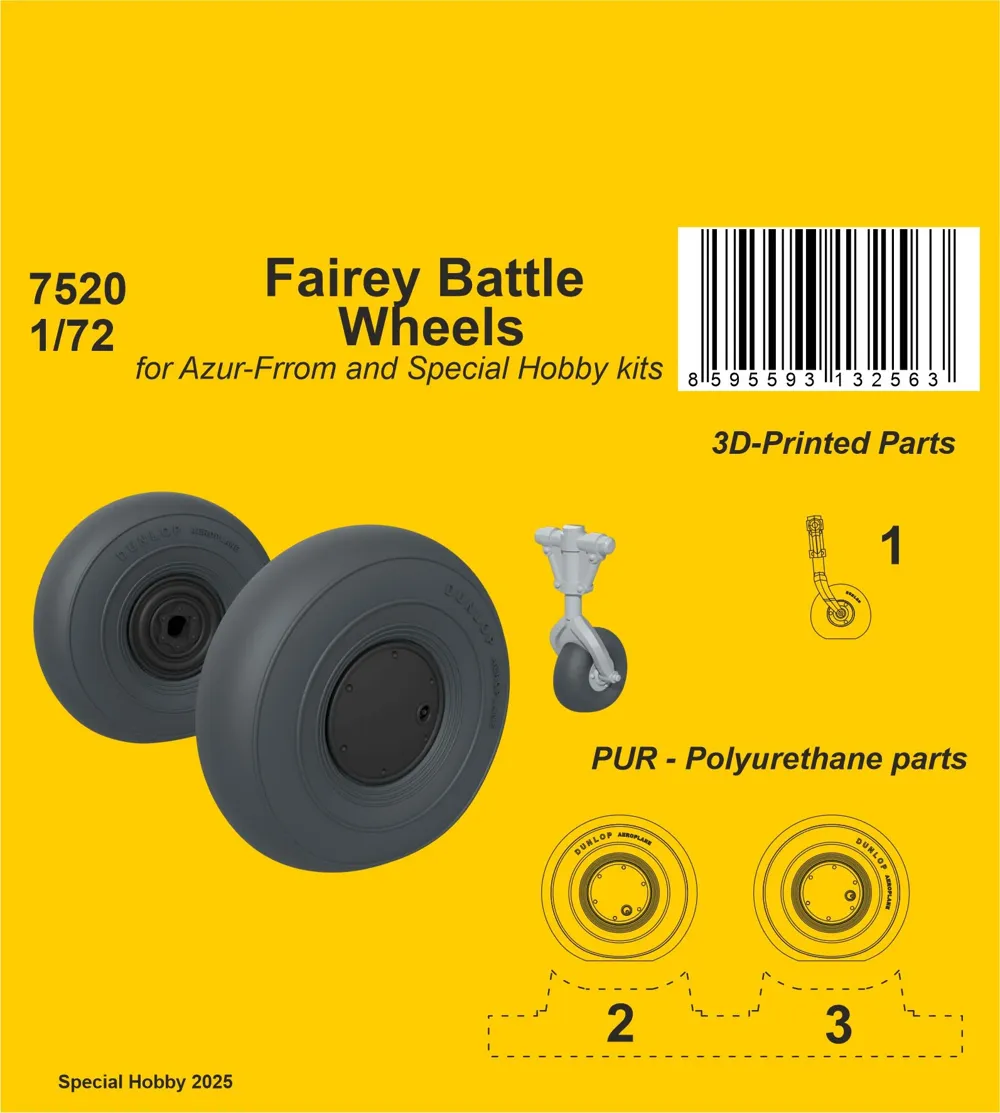 Resinová kola CMK 7520 pro Fairey Battle 1/72 – kola podvozku a ostruha s ostruhovým kolem
