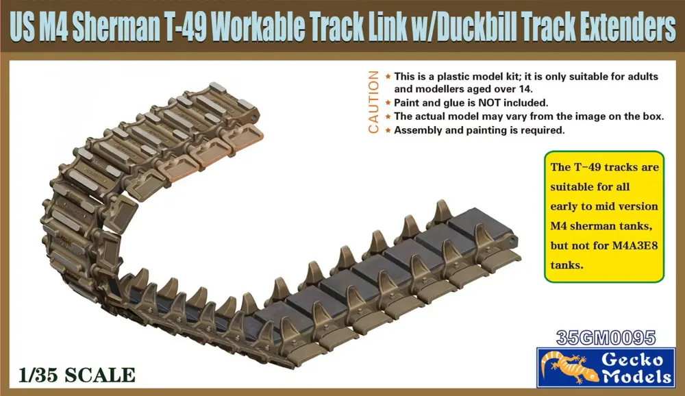 Sada funkčních pásů Gecko Models 35GM0095 T-49 s koncovkami Duckbill pro M4 Sherman 1/35