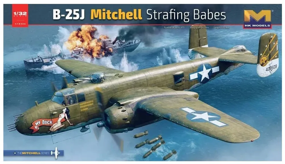 Krabice stavebnice HK Models 1/32 B-25J Strafing Babes s americkým bombardérem Mitchell