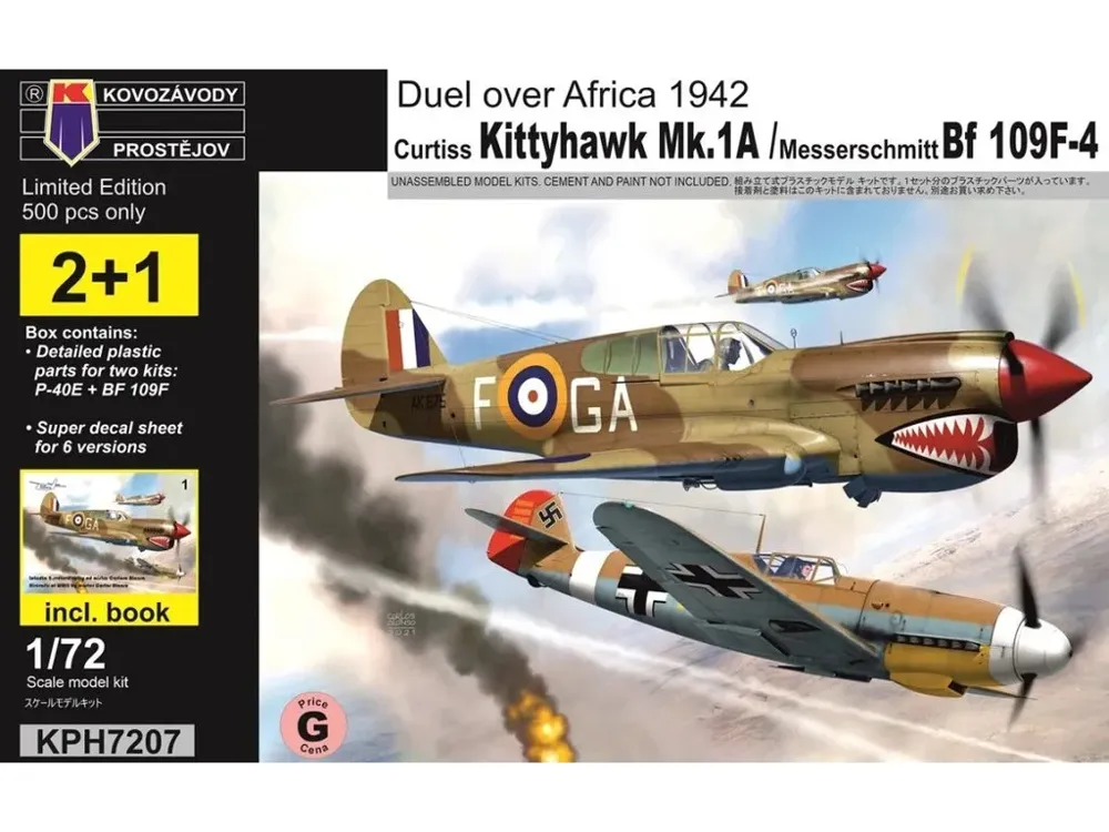 Krabice stavebnice Kovozávody Prostějov KPH7207 Kittyhawk + Bf 109F 1/72 s publikací