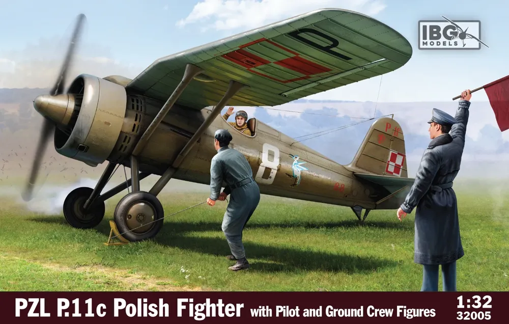 Krabice stavebnice IBG Models 32005 PZL P.11c v měřítku 1/32 s figurkami pilota a pozemního personálu