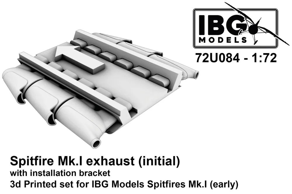 Doplněk IBG Models 72U084 – výfukové potrubí Spitfire Mk.I 1/72 s instalační konzolí