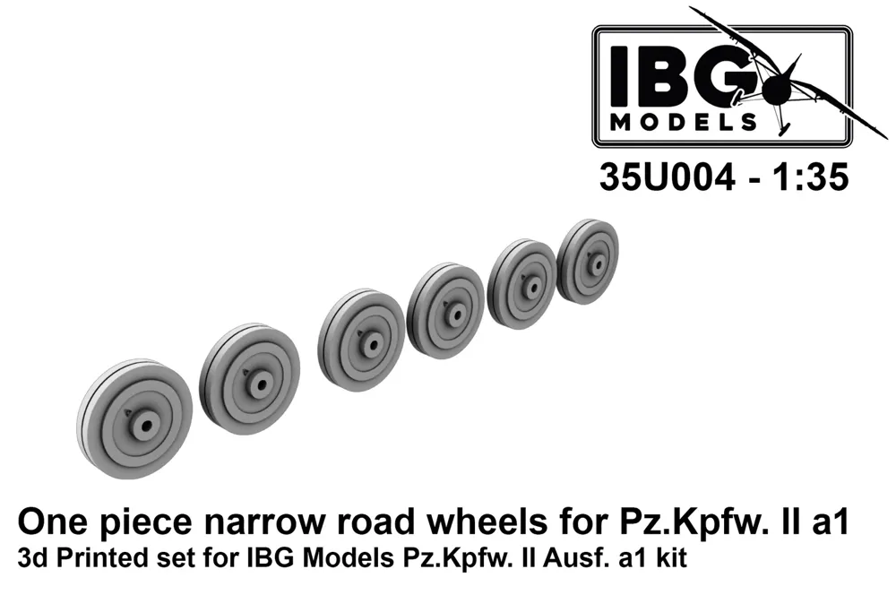 Sada jednodílných úzkých pojezdových kol IBG Models 35U004 pro Pz.Kpfw. II Ausf. a1 v měřítku 1/35