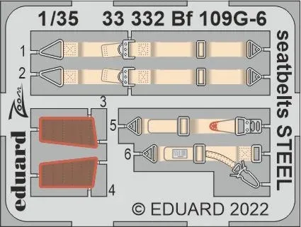 Barevný fotolept Eduard 33332 Bf 109G-6 STEEL 1/35 s upínacími pásy pilotního sedadla