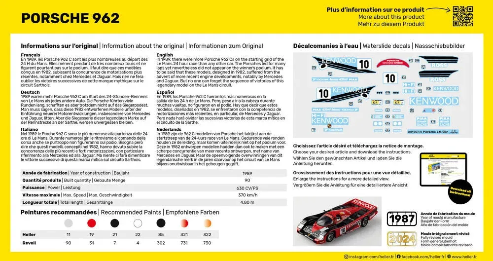 Plastiková stavebnice Heller 1/43 Porsche 962 Starter Kit, vůz Kenwood z Le Mans 1989