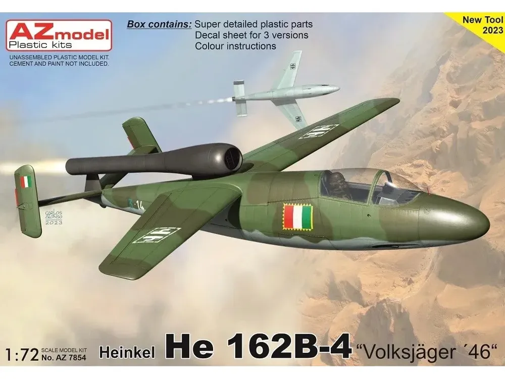 Krabice stavebnice AZ Model 1/72 Heinkel He 162B-4 Volksjäger 46, plastikový model letadla