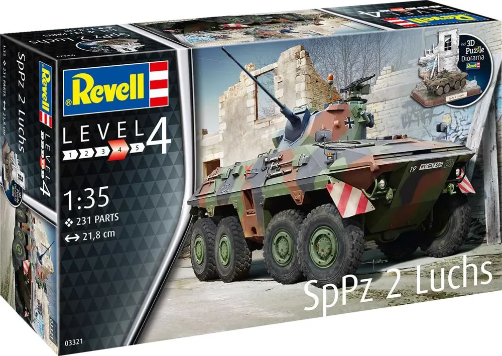 Krabice stavebnice Revell 03321 SpPz2 Luchs s 3D puzzle diorámou v měřítku 1:35