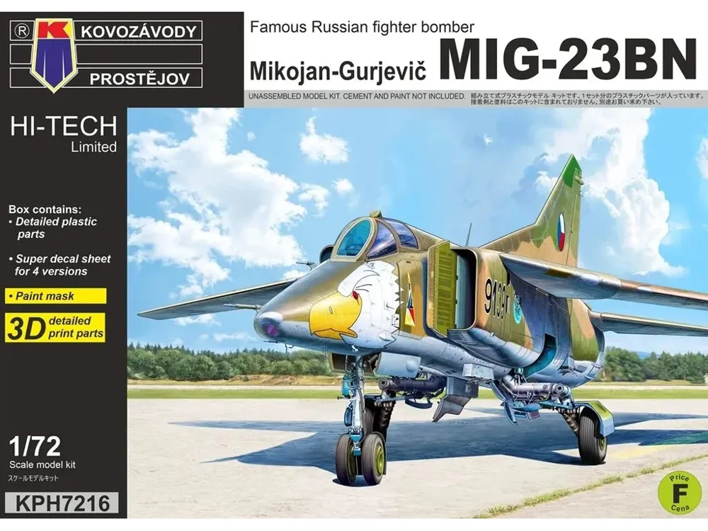 Krabice plastikové stavebnice Kovozávody Prostějov KPH7216 MiG-23BN Hi-Tech v měřítku 1/72