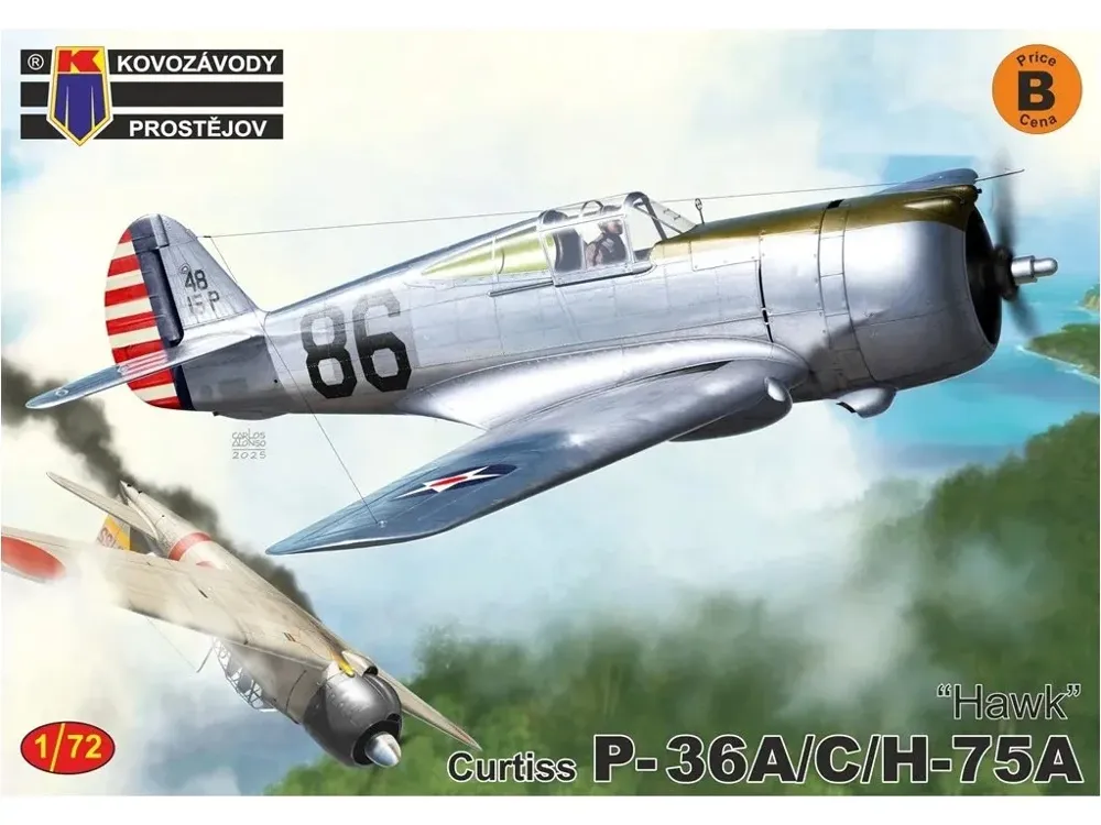 Krabice plastikové stavebnice Kovozávody Prostějov KPM0510 Curtiss P-36A/C/H-75A Hawk v měřítku 1/72