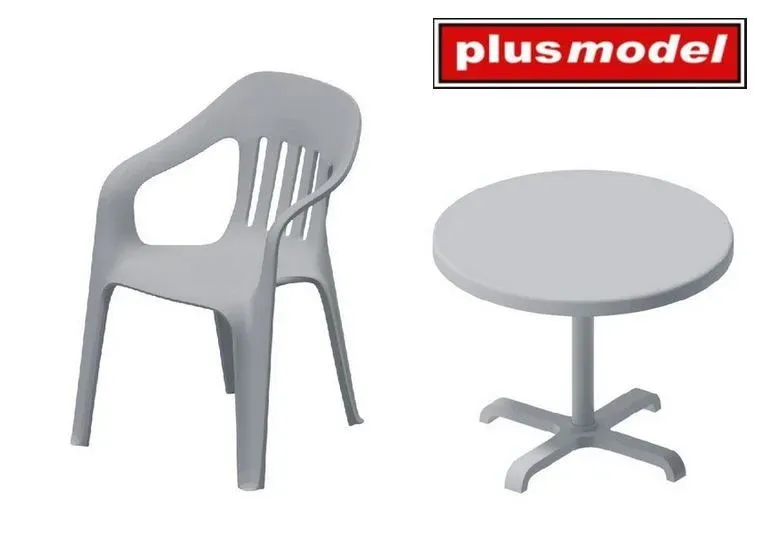 Plus Model DP3074 plastové židle a stůl 1/35 — dvě židle a kulatý stůl z 3D tisku