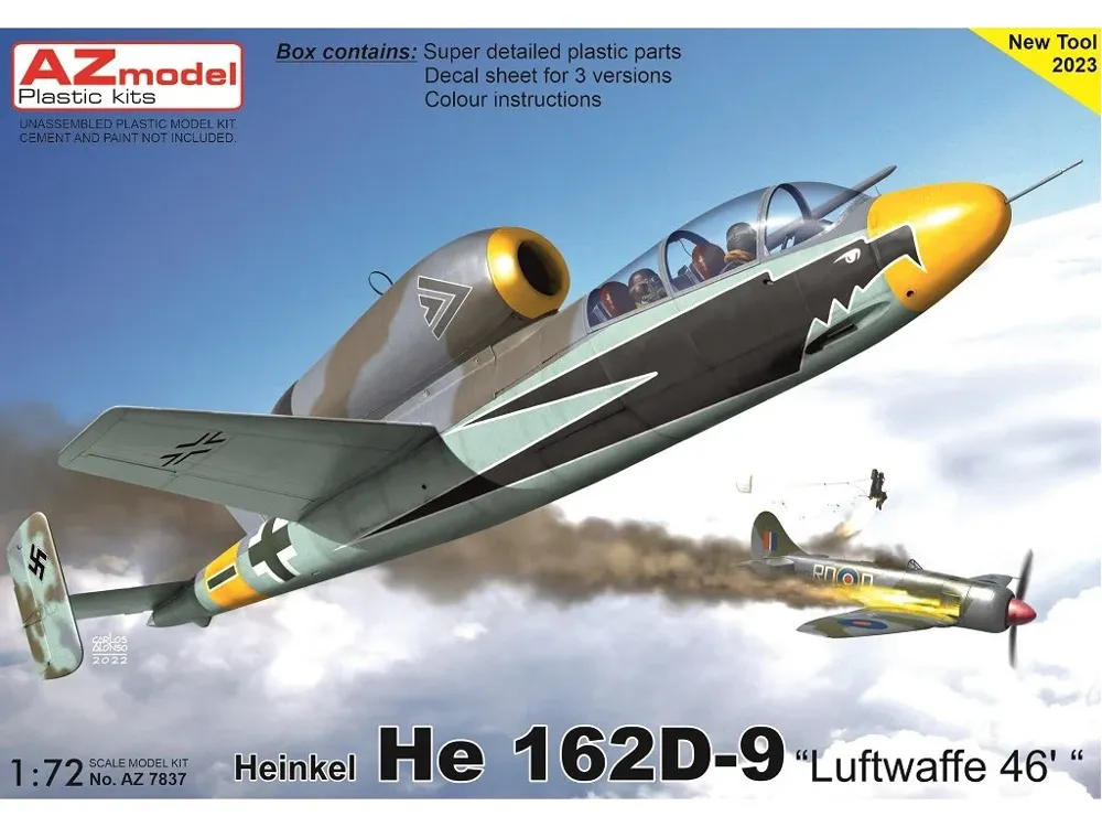 Krabice plastikové stavebnice AZ Model 1/72 Heinkel He 162D-9 Luftwaffe 46, kód AZ7837