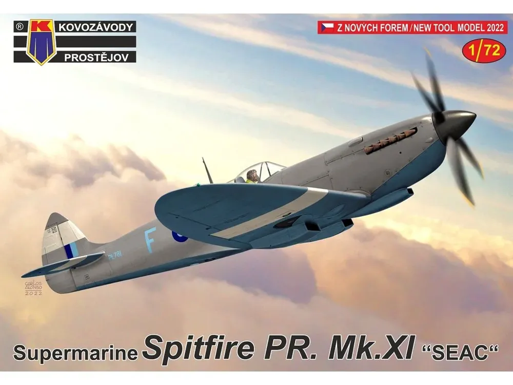 Krabice stavebnice Kovozávody Prostějov KPM0295 Spitfire PR. Mk.XI „SEAC“ v měřítku 1/72