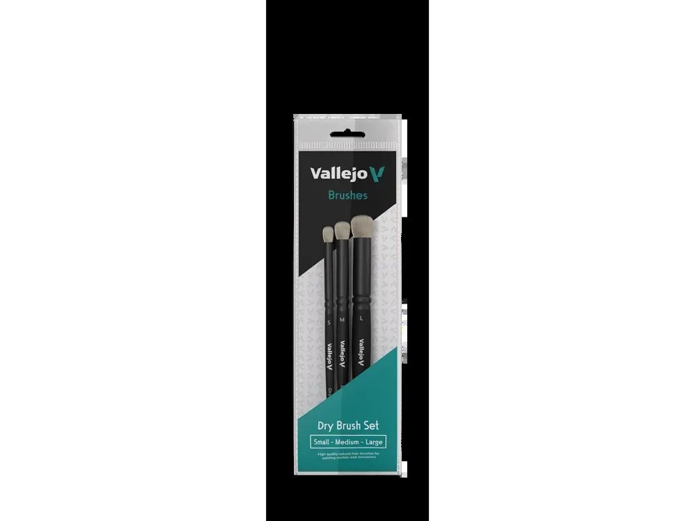 Sada tří štětců Vallejo Brush Set B07990 pro drybrush z přírodního vlasu ve velikostech S, M a L